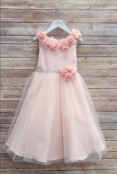 DULL SATIN AND TULLE DRESS WITH CHIFFON FLOWERS