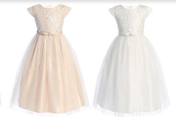 SEQUIN DETAIL FLORAL LACE WITH SCALLOP CROP TOP SATIN&CRYSTAL TULLE SKIRT,SATIN BPW&PEARL BROOCH AT WAIST