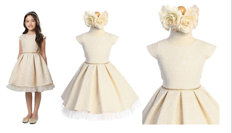 GOLD DETAIL JACQUARD WITH PEEK A BOO CRYSTAL TULLE AT HEM&GOLD RHINESTONE WAIST TRIM