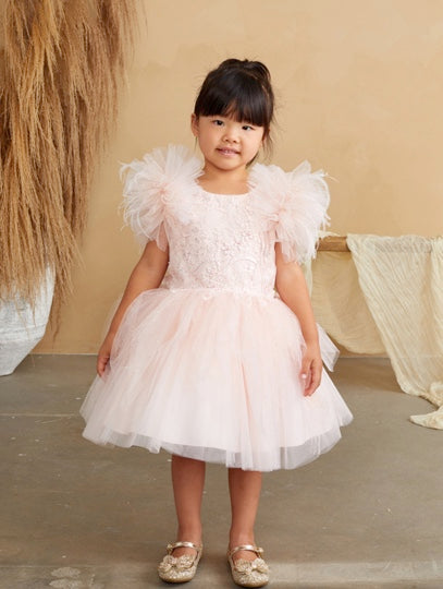 GRILS GLITTER BODICE WITH LACEAPPLIQUE AND FLUFFY SLEEVES WITH FEATHERS