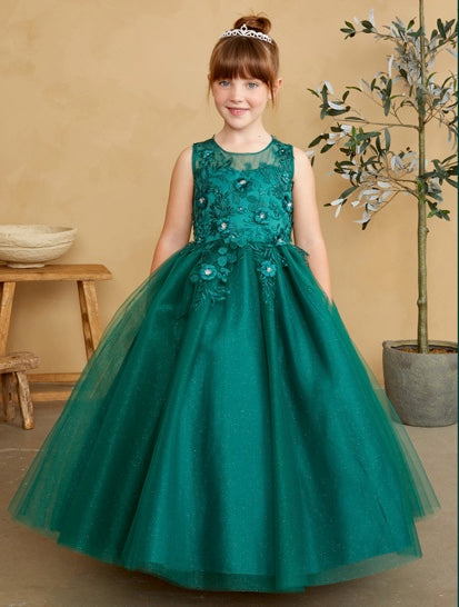 GIRLS DRESS WITH 3D FLORAL BODICE WITH GLITTER TULLE SKIRT