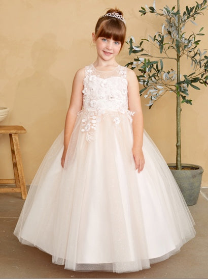 GIRLS DRESS WITH 3D FLORAL BODICE WITH GLITTER TULLE SKIRT