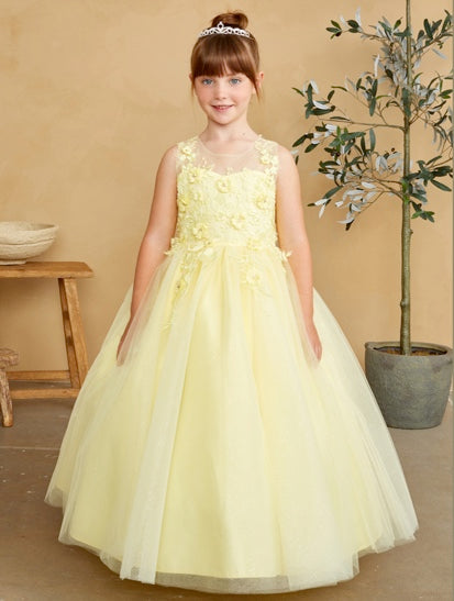GIRLS DRESS WITH 3D FLORAL BODICE WITH GLITTER TULLE SKIRT