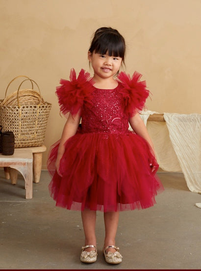 GRILS GLITTER BODICE WITH LACEAPPLIQUE AND FLUFFY SLEEVES WITH FEATHERS