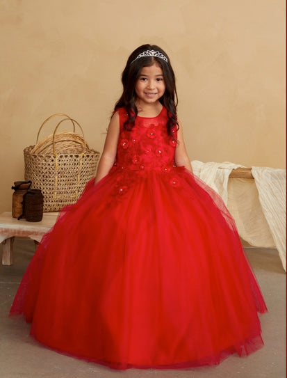 GIRLS DRESS WITH 3D FLORAL BODICE WITH GLITTER TULLE SKIRT