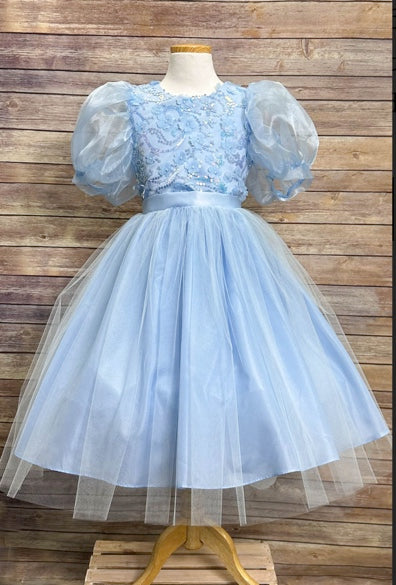 PUFF ORGANZA SLEEVE WITH SEQUIN AND FLOWER BODICE DRESS