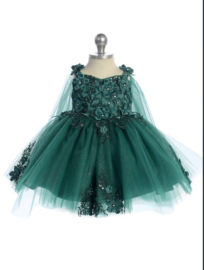 GORGEOUS 3D FLORAL BODICE WITH GLITTER TULLE SKIRT AND DETACHED CAPE