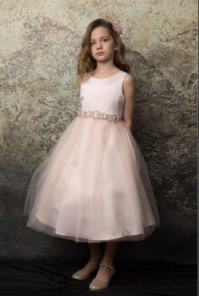 SATIN AND TULLE DRESS WITH SPARKLY RHINESTONE BELT WITH SATIN SASH-L