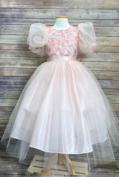 PUFF ORGANZA SLEEVE WITH SEQUIN AND FLOWER BODICE DRESS