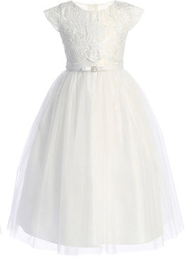 SEQUIN DETAIL FLORAL LACE WITH SCALLOP CROP TOP SATIN&CRYSTAL TULLE SKIRT,SATIN BPW&PEARL BROOCH AT WAIST