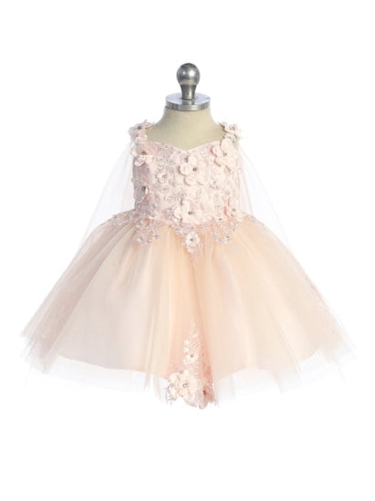 GORGEOUS 3D FLORAL BODICE WITH GLITTER TULLE SKIRT AND DETACHED CAPE