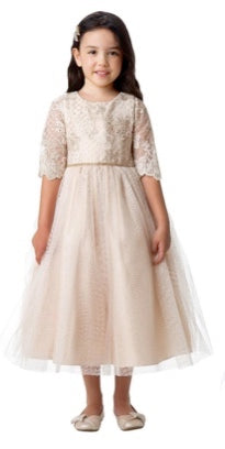 LATTICE AND FLOWER EMBROIDERED WITH SCALLOPED HEM SLEEVE SATIN & CRYSTAL TULLE  SKIRT AND RHINESTONE DETAIL WAIST TRIM