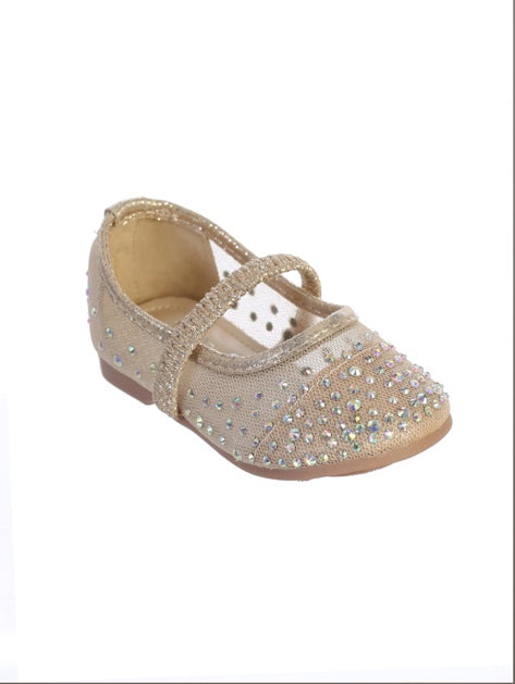 GIRLS RHINESTONE STUDDED MESH FLATS WITH A ELASTIC STRAP