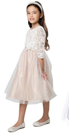FLORAL LACE 3/4 SLEEVE WITH SATIN&CRYSTAL TULLE FLORAL PATCH AT WAIST