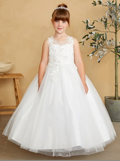 GIRLS DRESS WITH 3D FLORAL BODICE WITH GLITTER TULLE SKIRT