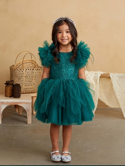 GRILS GLITTER BODICE WITH LACEAPPLIQUE AND FLUFFY SLEEVES WITH FEATHERS