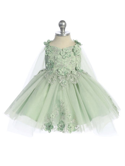 GORGEOUS 3D FLORAL BODICE WITH GLITTER TULLE SKIRT AND DETACHED CAPE