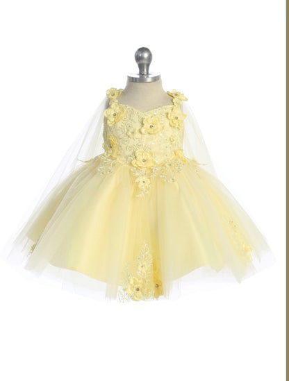 GORGEOUS 3D FLORAL BODICE WITH GLITTER TULLE SKIRT AND DETACHED CAPE