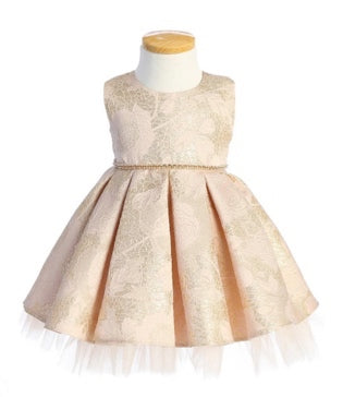 GOLD DETAIL FLORAL PLEATED JACQUARD WITH PEEK A BOO CRYSTAL TULLE