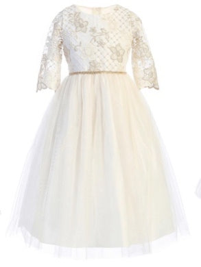 LATTICE AND FLOWER EMBROIDERED WITH SCALLOPED HEM SLEEVE SATIN & CRYSTAL TULLE  SKIRT AND RHINESTONE DETAIL WAIST TRIM