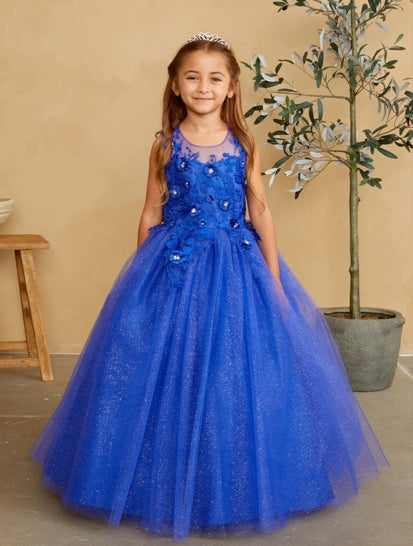 GIRLS DRESS WITH 3D FLORAL BODICE WITH GLITTER TULLE SKIRT