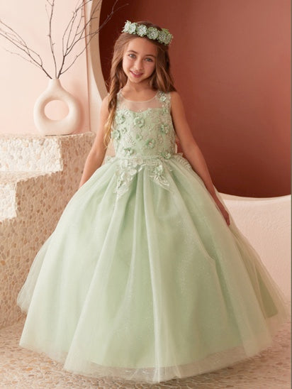 GIRLS DRESS WITH 3D FLORAL BODICE WITH GLITTER TULLE SKIRT