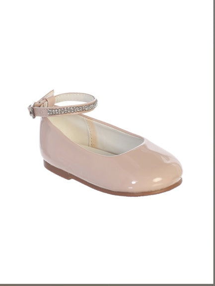GIRLS SHINY PATENT LEATHER FLATS A RHINESTONE ANKLE STRAP