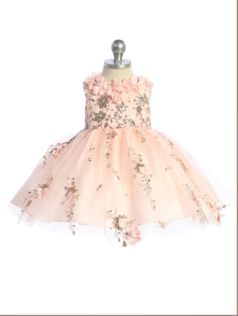 STUNNING 3D FLOWER BODICE WITH A MESH OVERLAY SKIRT WITH 3D  FLOWER APPLIQUE