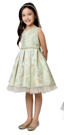GOLD DETAIL FLORAL PLEATED JACQUARD WITH PEEK A BOO CRYSTAL TULLE