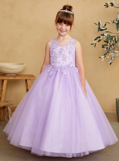 GIRLS DRESS WITH 3D FLORAL BODICE WITH GLITTER TULLE SKIRT
