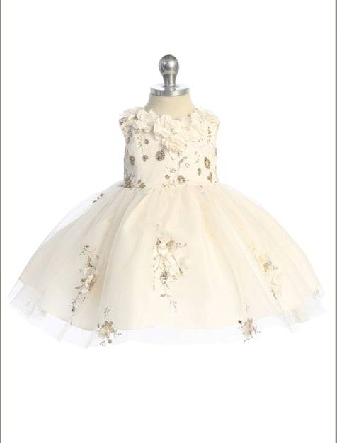 STUNNING 3D FLOWER BODICE WITH A MESH OVERLAY SKIRT WITH 3D  FLOWER APPLIQUE