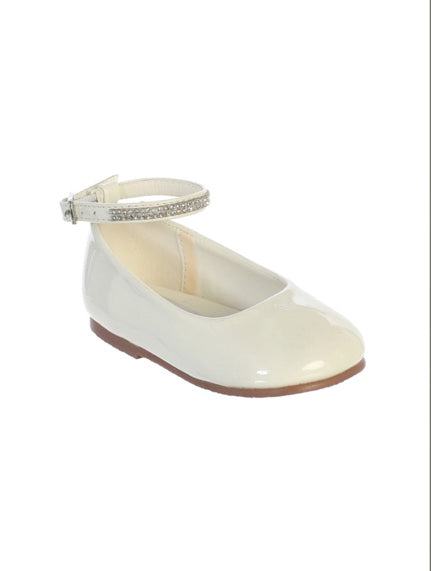 GIRLS SHINY PATENT LEATHER FLATS A RHINESTONE ANKLE STRAP