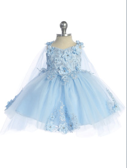 GORGEOUS 3D FLORAL BODICE WITH GLITTER TULLE SKIRT AND DETACHED CAPE